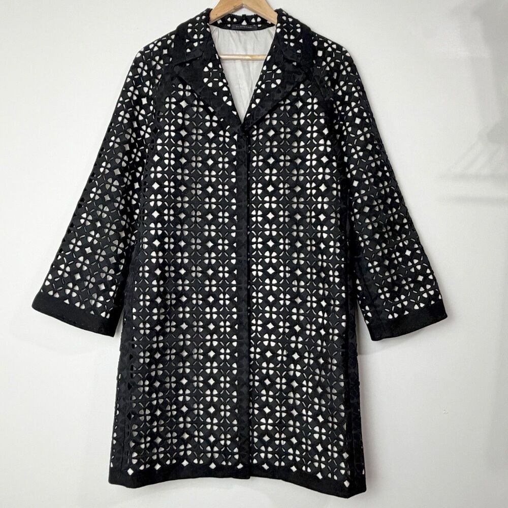 Elie Tahari Laser Cut Wool Coat Black Ivory Womenās S Long Length Retail $698
